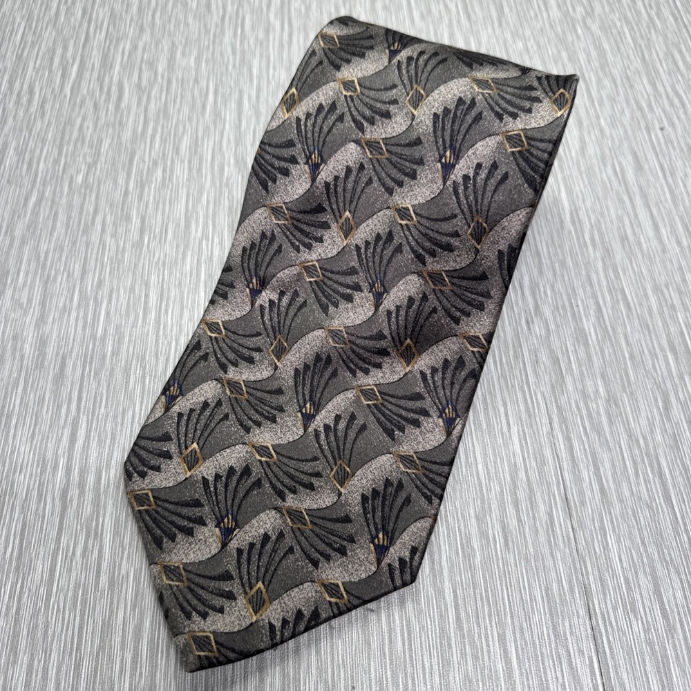 Robert‎ Talbott Extra Long Silk Tie Gray Black Geometric Palm Leaf USA Made